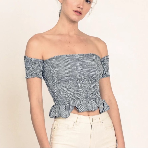 Peixoto Nina Off Shoulder Smocked Lace-Up Ruffle Top Ricky Stripe - medium - Picture 2 of 5
